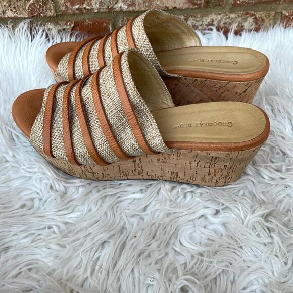 Chocolat Blu Women's Linen Leather Slip-On Cork Platform Wedge Sandal Heels Sz 8 - Picture 9 of 12